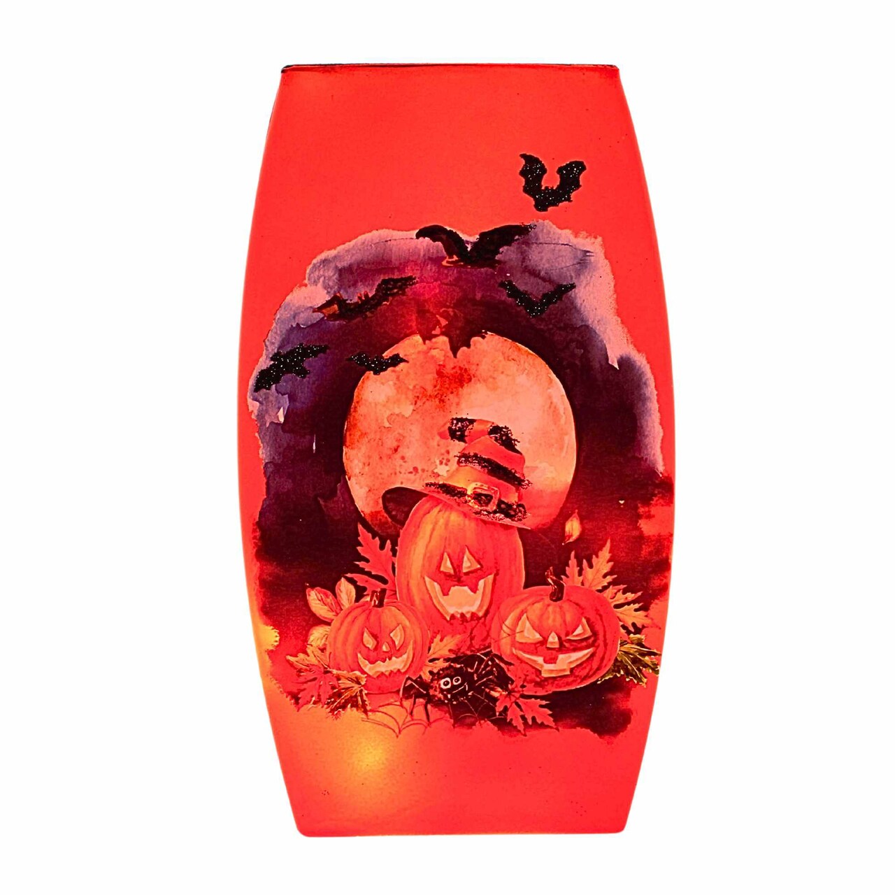 Stony Creek 7.75 In Frequent Flyer Pre-Lit Med Vase Halloween Lighted Glass Accent , Halloween Witches Hat Spider Moon
